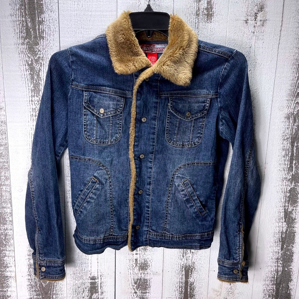 Lazer Jeans Denim Trucker Jacket Womens Medium Blue Faux Fur Collar Western Boho